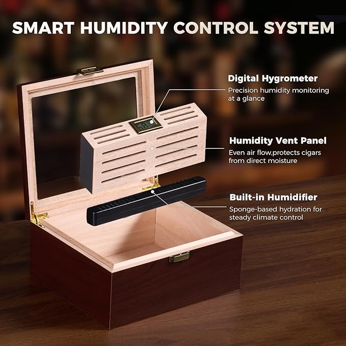 ProCase Wood Cigar Humidor Box, Wooden Desktop Cigar Storage Case, with Humidifier，Cedar Lining, Glass Top, Digital Hygrometer, Gift for Men Dad Boyfriend, Father's Day - Image 3