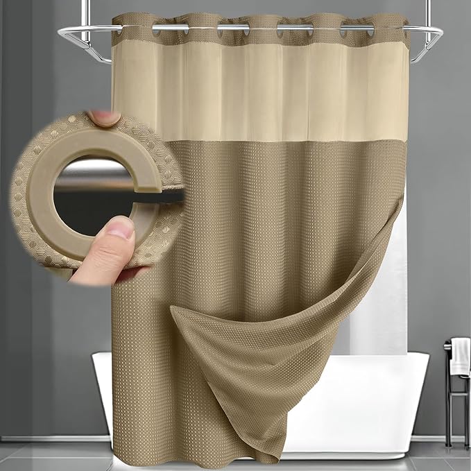 No Hook Shower Curtain and Liner Set,Beige Hotel Waffle Shower Curtain with Liner 75" L x 72" W by Unknown