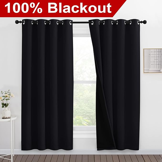 NICETOWN 100% Blackout Window Curtain Panels, Full Light Blocking Drapes with Black Liner for Nursery, 78 inches Drop Thermal Bedroom Drapes and Curtains (Black, 2 Pieces, 55 inches Wide Per Panel) - Image 2
