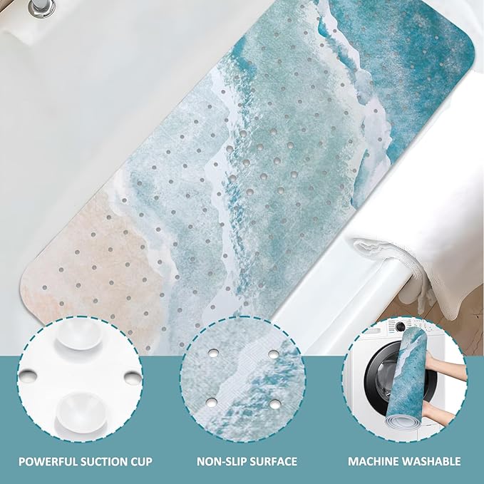 Beach Bathtub Mat Non Slip, Baby Bath Mat for Tub Rubber Tub Mat, Kids Bath Mats for Bathroom Ocean Waves Anti Slip Shower Mat with Suction and Drain Holes Machine Washable, 40″X16″ - Image 5