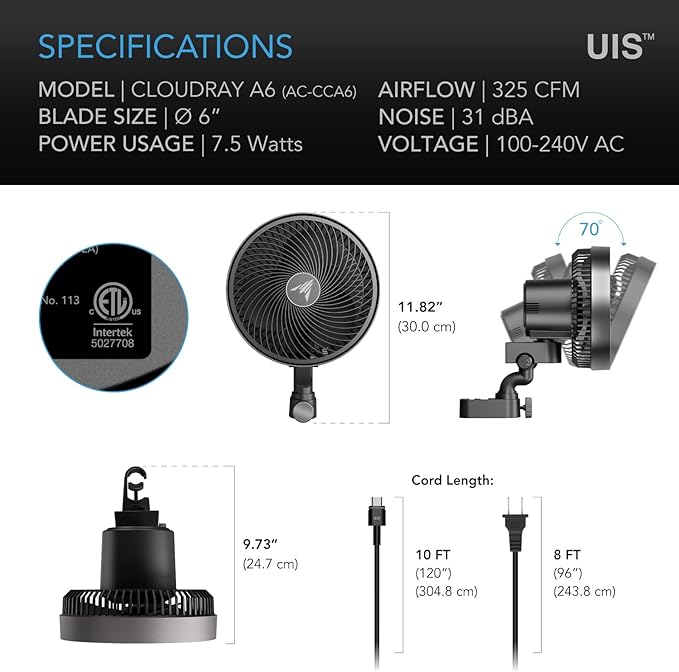 AC Infinity CLOUDRAY A6, Grow Tent Clip Fan 6” with Redesigned Long-Life EC Motor, Custom 10 Dynamic Wind Speeds, Weatherproof IP-54, Manual Swivel, for Hydroponics Circulation Cooling - Image 6
