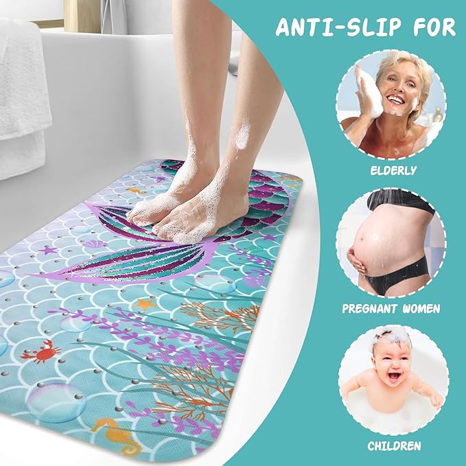 Mermaid Bathtub Mat Non Slip, Cute Baby Bath Mat for Tub Rubber Tub Mat, Kids Bath Mats for Bathroom Little Girls Anti Slip Shower Mat with Suction and Drain Holes Machine Washable, 40″X16″ - Image 6