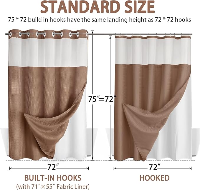 No Hook Shower Curtain and Liner Set,Mocha Brown Hotel Waffle Shower Curtain with Liner 75" L x 72" W - Image 6