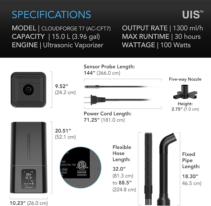 AC Infinity CLOUDFORGE T7, Plant Humidifier 15L with VPD Humidity Controls, 10-Level Precision Vaporizer, Extendable Hose, Targeting Pipe, and No-Leak Seal for Grow Tents - Image 6