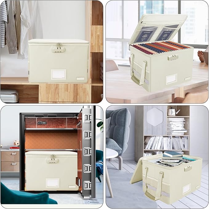ENGPOW File Box with Lock, Fireproof Document Box with Zipper Lid, Collapsible File Storage Organizer Filing Cabinet with Handles, Portable Home Office Safe for Hanging Letter/Legal Folders, Beige - Image 2