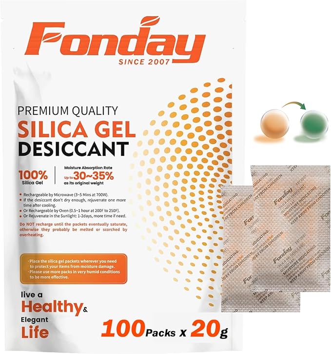 20g x 100 Packs Fonday Rechargeable Silica Gel Desiccant Packets Food Grade Fast Reactivate Desiccant Bags Moisture Indicating Orange to Green for Food Storage, Electronics, 3D Filament & Safes by Fonday
