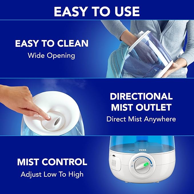 Vicks Filter-Free Ultrasonic Humidifier, Recommended by Pediatricians*, 1.2 Gal Ultrasonic Cool Mist Humidifiers for Bedrooms & Kids Rooms, Works with Vicks VapoPads - Image 5