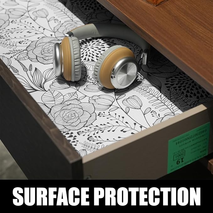 Floral Drawer and Shelf Liner for Kitchen 16IN x 10FT, Non-Adhesive and Strong Non-Slip Cabinet Drawer Liners, Waterproof Thickened Shelf Liner,Easy to Clean,Black and White - Image 6
