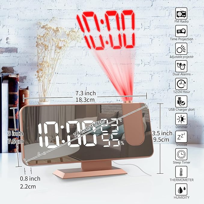 Projection Digital Alarm Clock for Bedrooms, Alarm Clock Radio on Ceiling, USB Charger Port, Temperature & Humidity Display, 7.3” Large Mirror LED Display,12/24H,Snooze,Dual Loud Clock- 4 Dimmer - Image 7