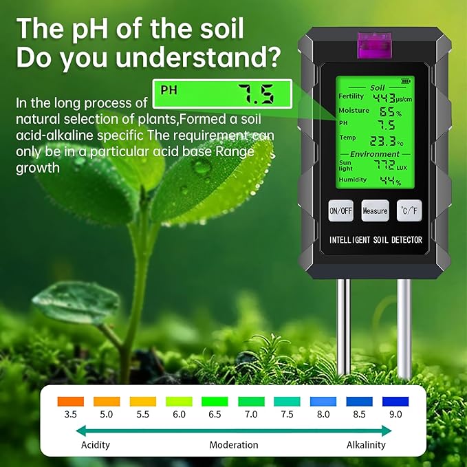 6 in 1 Soil Tester Digital Moisture Meter with Dual Probe, pH/Temperature/Moisture/Sunlight/Air Humidity/Fertility, Soil pH Tester for Farming, Gardening, Lawns and More (2*AAA Battery Needed) - Image 4