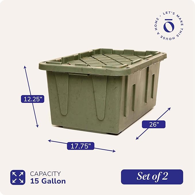 HOMZ 2-Pack Durabilt Tote, Heavy Duty Plastic Storage Bins with Lids, 15 Gallon, Green Camo - Stackable Organizing Containers for Home, Garage, and Office - Image 5