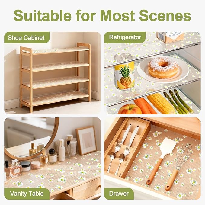 FEXIA Shelf Liner 17.5 Inch x 20 FT Daisy Non Slip Waterproof Cabinet and Drawer Liner for Kitchen Cabinet Refrigerator Pantry Closet Durable Non Adhesive - Image 7