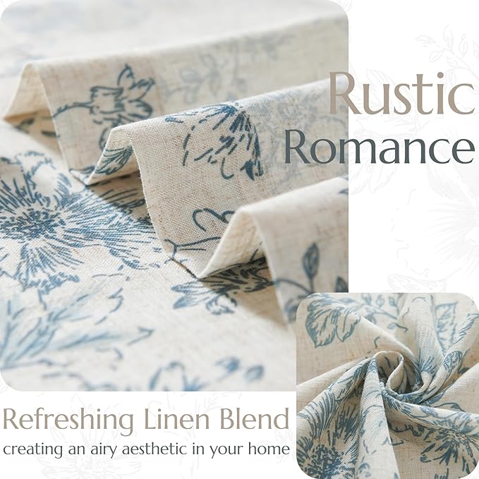 jinchan Linen Floral Curtains 84 Inch Length for Living Room Bedroom Light Filtering Farmhouse Peony Flower Drapes Rustic Window Curtain Set Rod Pocket Back Tab 2 Panels Blue - Image 6