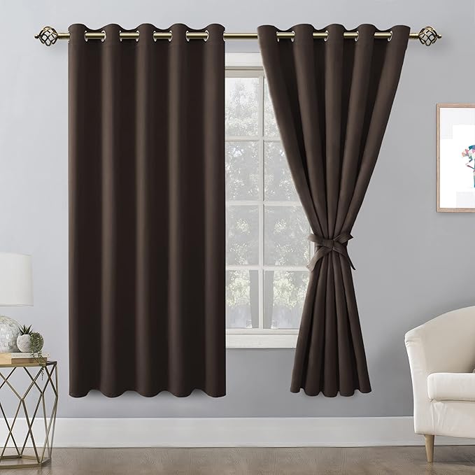 Hiasan Grommet Blackout Curtains for Bedroom, 60 x 72 Inches - Thermal Insulated & Light Blocking Window Drapes for Living Room/Dorm Room, Set of 2 Panels Sewn with Tiebacks, Brown - Image 2