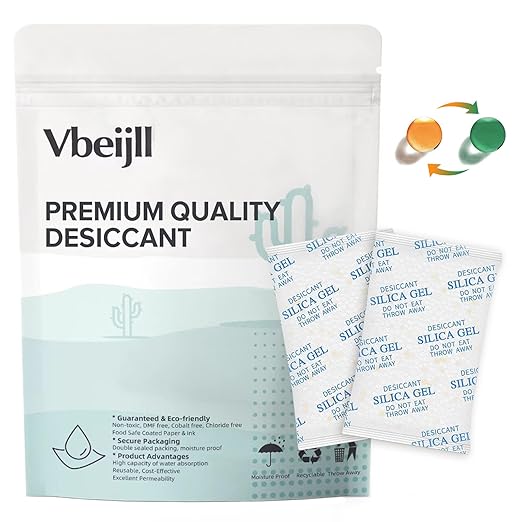 5 Gram (50 Pack) Color-Indicating Silica Gel Packets, Premium Food Grade Desiccant - Rechargeable Moisture Absorbers for Food Storage, Electronics, 3D Filament & Safes by Vbeijll