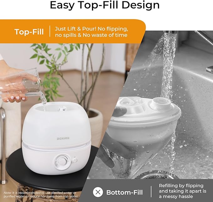 BOXING 3L Cool Mist Humidifier, Ultra Quiet 20dB for Bedroom, Baby & Office, Top Fill Air Humidifier for Home Office & Indoor Plants, 30H Runtime, Essential Oil Tray, Night Light, BPA-Free, White - Image 3