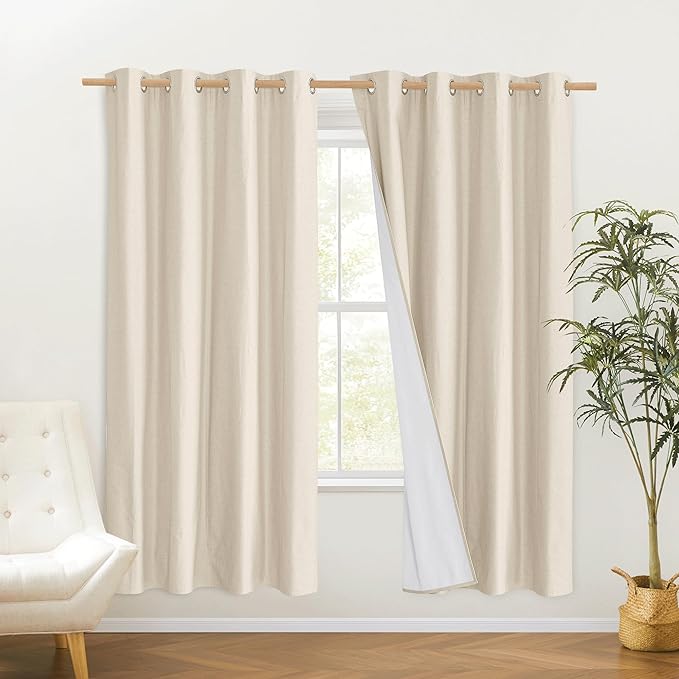 NICETOWN 100% Absolutely Blackout Linen Curtains with Thermal Insulated White Liner, 52" Wide, 2 Panels, 72 inches Long Drapes, Grommet Retro Beige Linen Curtains Vertical Drapes Privacy for Bedroom by NICETOWN