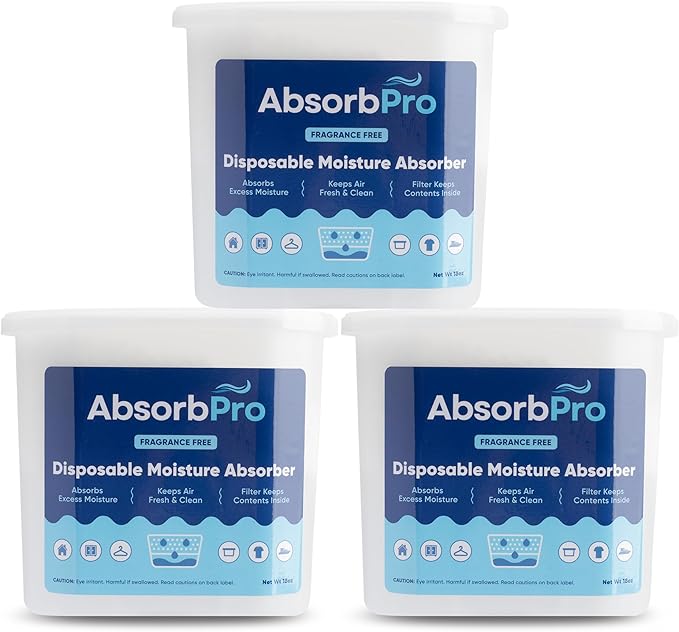 Moisture Absorber Tub Fragrance Free - 3-Pack - 18 oz Unscented Disposable Odor Eliminator Box & Dehumidifier for Garage, Home, Kitchen, Bedroom, Bathroom, Closet, Cars, and Boats by AbsorbPro