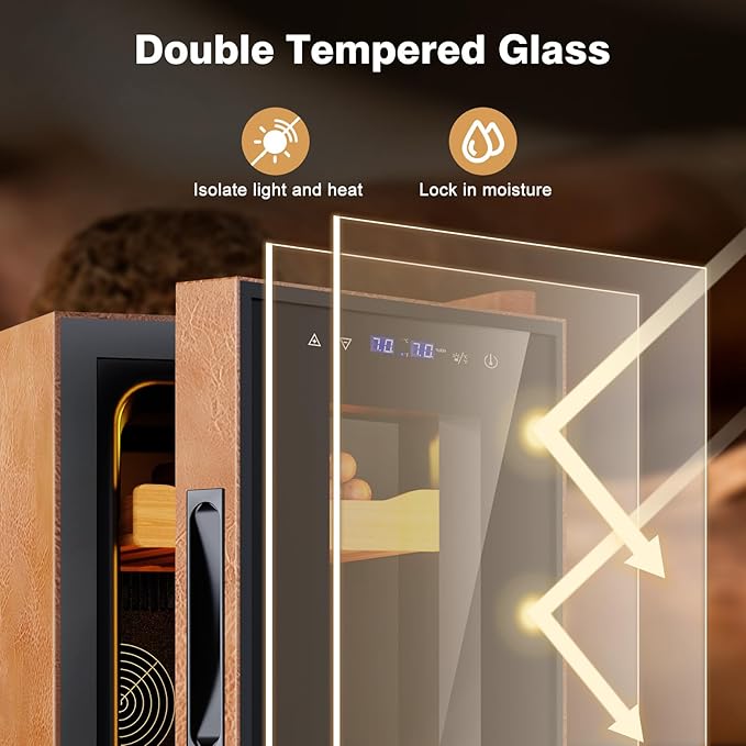Electric Cooler Cabinet 25L with Temperature and Humidity Control, Leather Finish, Spanish Cedar Wood Shelves and Safety Lock (200 Counts Capacity), Gift for Men - Image 8