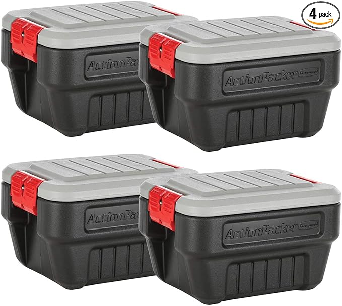 Rubbermaid® ActionPacker®️ 8 Gal Lockable Storage Box Pack of 4, Outdoor, Industrial, Rugged, Grey and Black by Rubbermaid