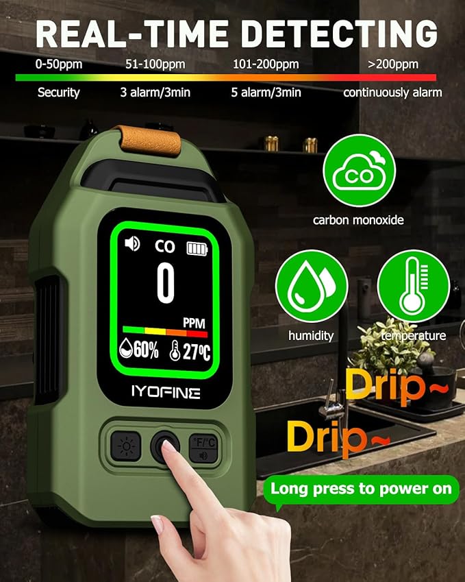 Portable Carbon Monoxide Detector for Travel, 300H Standby, CO Detector with Magnetic Back, Rechargeable 3-in-1 CO Monitor with Audible & Visual Alarm for Camping, Hotel, Car & RV (Dark Green) - Image 4