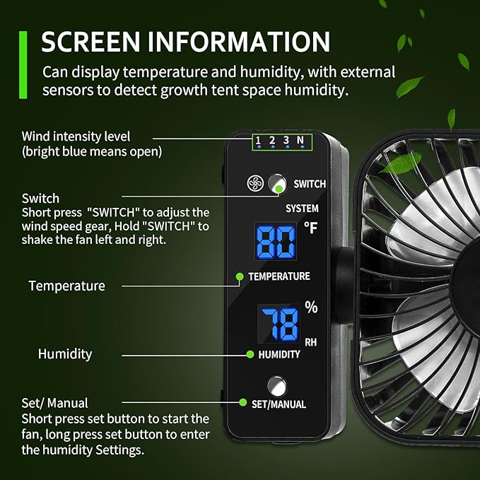 4" Grow Tent Fan with Auto Humidity Control | Quiet Oscillating Ventilation, Real-Time Temp & Humidity Monitoring for Hydroponics, Greenhouses & Indoor Gardens - Image 6