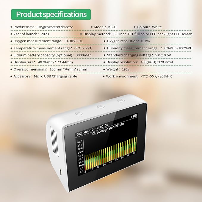 Desk O2/RH/Temp. 3-in-1 Multifunctional Air Quality Detector Temperature Humidity Monitor Indoor/Outdoor O2 Meter Tester 3.5-inch Digital Hygrothermograph with Data Logger Reable Battery for - Image 5