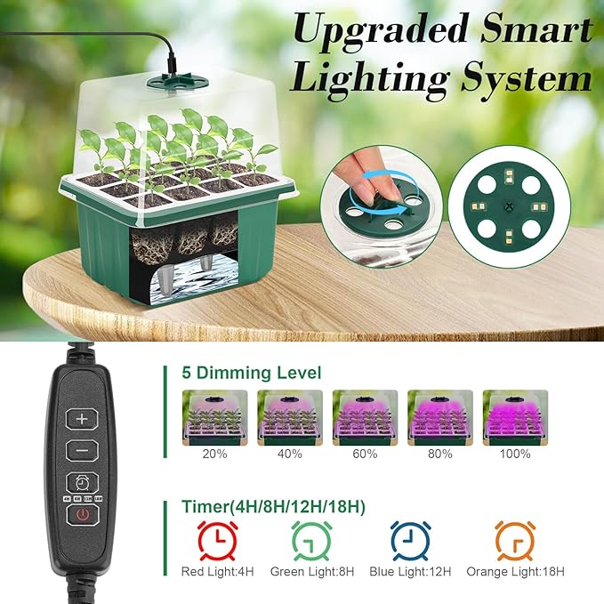 Mckanti 4 Set Self-Watering Seed Starter Tray Kits with Grow Light, Reusable Seed Germination Kit with Adjustable Humidity Domes and Silicone Cell Base Tray for Indoor Plant Seed Germination - Image 5