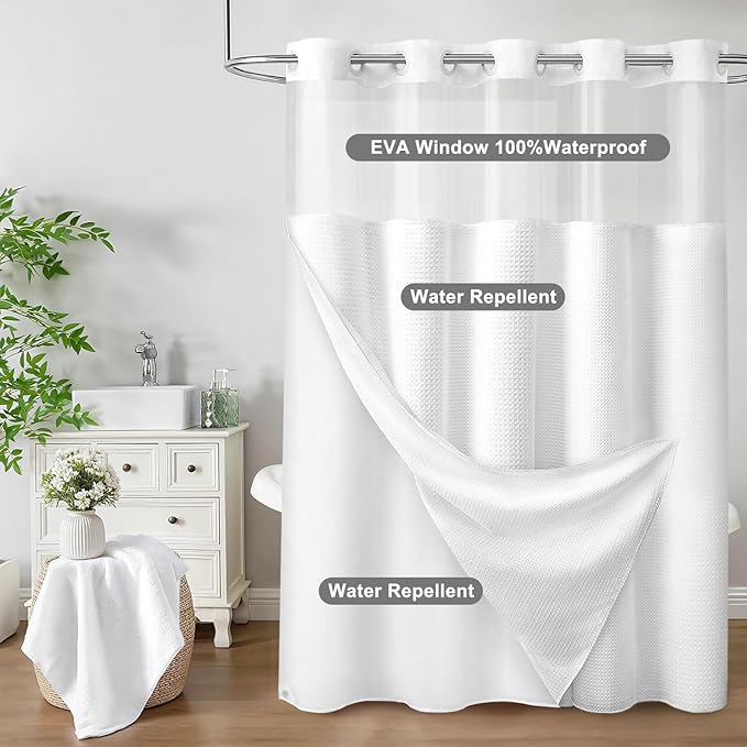 No Hook Shower Curtain with Fabric Liner White Hotel Waffle 75" L x 72" W,EVA Clear Window Shower - Image 6