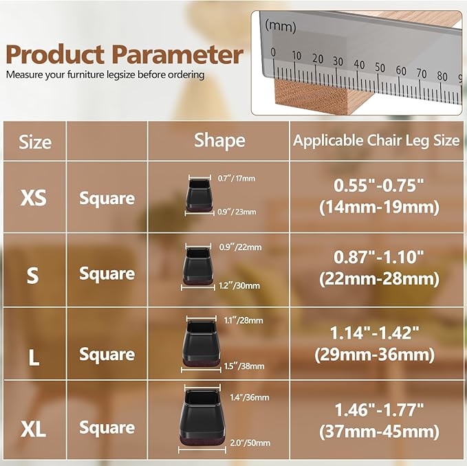 16Pcs Square Chair Leg Floor Protectors with Thickened Felt Pads Silicone Chair Leg Covers Caps to Protect Hardwood Tile Floors Furniture Feet Reduce Noise (Black S Fit 0.87"-1.10") - Image 2