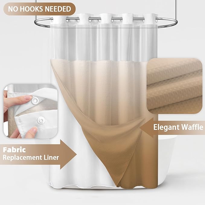 No Hook Shower Curtain and Liner Set,Ombre Beige Hotel Waffle Shower Curtain with Liner 75" L x 72" W - Image 2