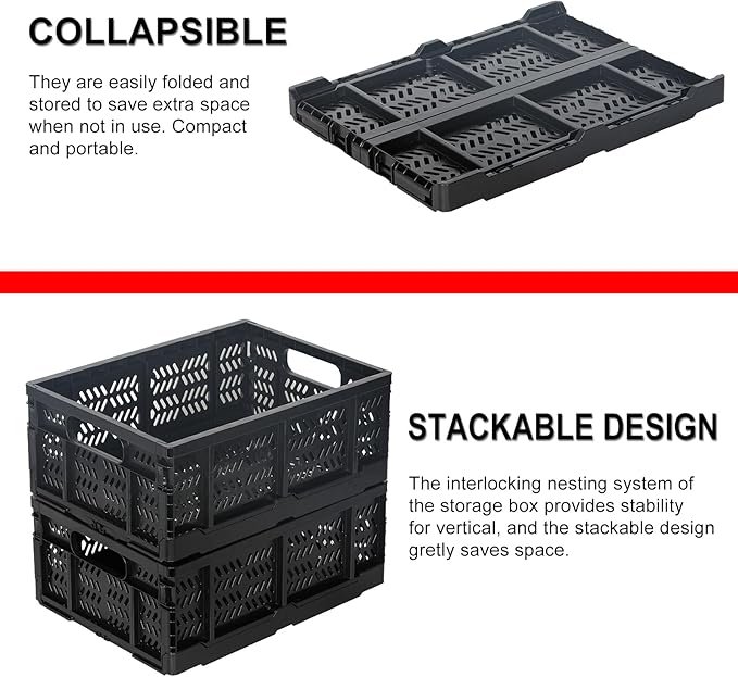 Heavy Duty Plastic Milk Crates for Storage, 4-Pack Stackable Storage Bins for Organizing, Collapsible Storage Basket with Handle for Groceries, Suitable for Home Office School Store, Black - Image 4