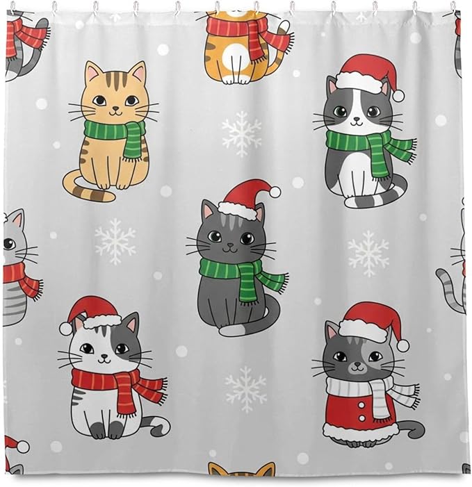 Christmas Cats Gray Shower Curtain Liner 72×72 inch for Bathroom Curtain Anti Mold Shower Curtain with Hooks Bathroom Accessories - Image 2