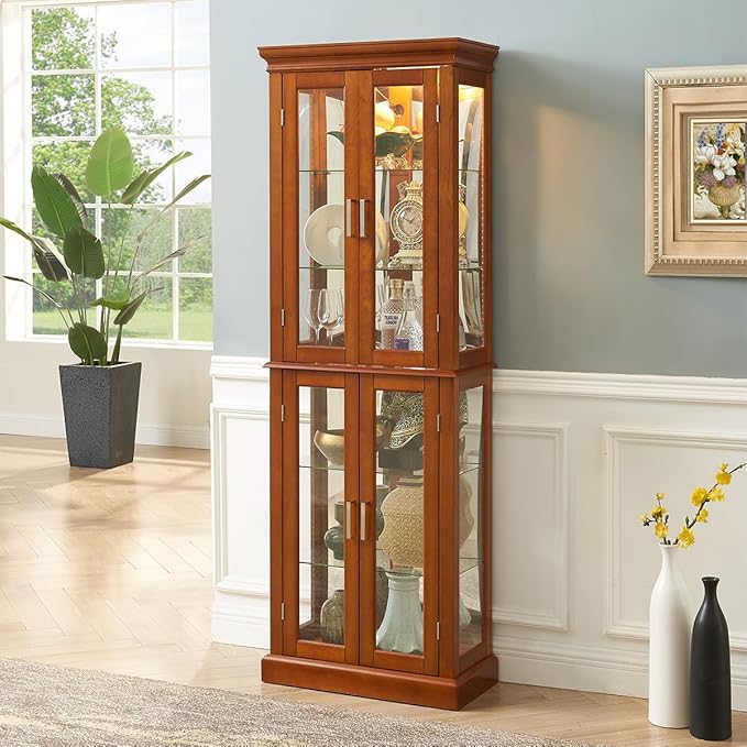 Lighted Wooden Display Curio Cabinet,Cabinet with Tempered Glass Door & 6 Shelves,Vintage 3 Side Glass,E26 Light Bulb Unincluded - Image 2