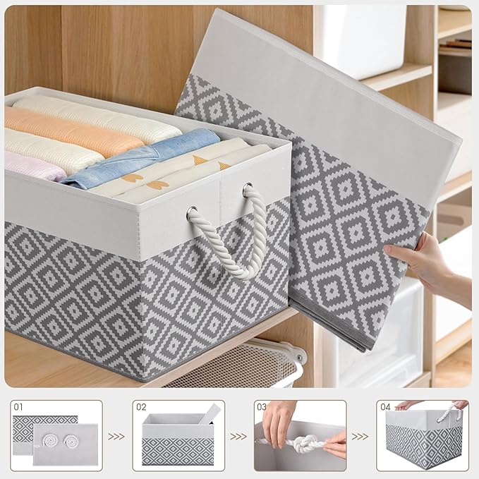 Storage Bins, 6-Pack Large Storage Box with Rope Handles, Collapsible Storage Basket for Organizing Books,Clothes,Rhombic Grey - Image 3