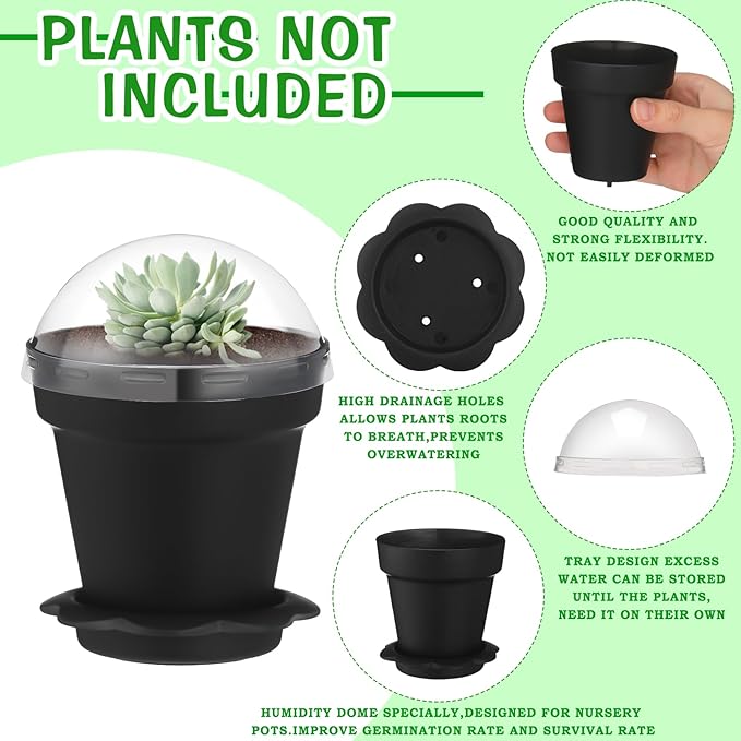 30 Pcs Plant Nursery Pots with Humidity Dome 2.95'' Small Plant Pots Plastic Gardening Container Planter Starter Seed Starting Trays for Seedlings Succulents with 30 Pcs Labels(Black) - Image 3