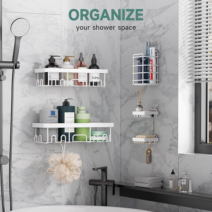 Veken Adhesive Shower Caddy 5-Pack,Heavy Weight Bearing,Large Wall Mounted Shower Shelves Rack,Organizer Storage Accessories with Soap Dish&Toothbrush Holder,Ideal for Bathroom,Home&Kitchen,White - Image 2