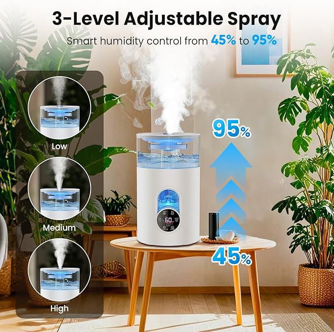 Humidifiers for Bedroom Large Room Home - GloryAir 6L Quiet Top Fill Cool & Warm Mist Humidifier with Smart Humidity Control, Remote Control, 7-Color Light, Humidistat, Oil Diffuser for Plants & Baby - Image 5