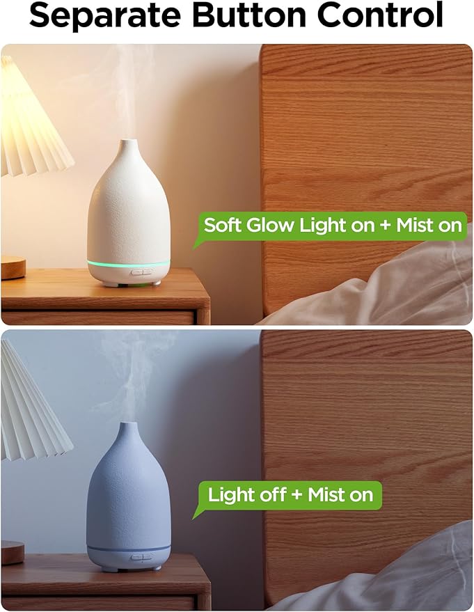 InnoGear Oil Diffuser, 150ML Ceramic Diffuser for Essential Oils Handcrafted Aromatherapy Diffuser Ultrasonic Cool Mist Humidifier with 2 Mist Modes Waterless Auto Off for Room Office, White Base - Image 4