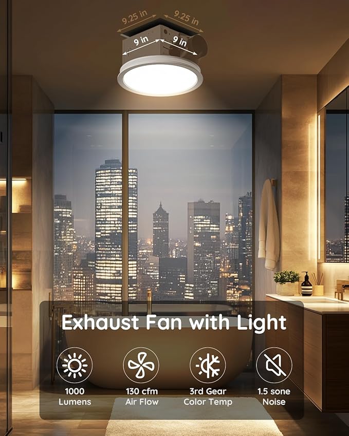 Fitop Bathroom Exhaust Fan with Light,130 CFM 47W 1100LM Ceiling Mount Shower Ventilation Exhaust Fan, 1.5Sones Bathroom Vent Fan with Light, Fan LED Light 3000K/4000K/5000K - Image 3
