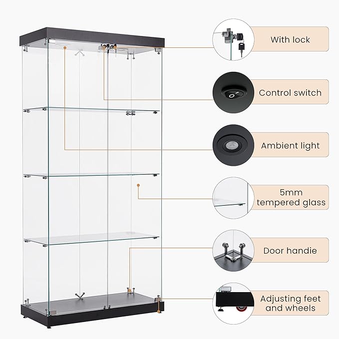 Yoluckea 4 Shelves Glass Display Cabinet with Light and 2 Doors, Floor Standing Clear Glass Curio Cabinet Collection Display for Living Room Bedroom 66.3” x 31.5” x 14.2” Black - Image 6