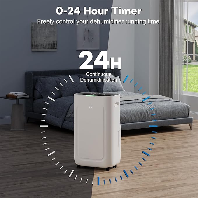 2025Upgraded 5000 Sq.Ft 80 Pint Dehumidifier for Basements with Large 6.5L Water Tank,24H Timer,Child Lock,Defrost,Silent,mold,4 Modes Operation Auto Shut-off - Image 5