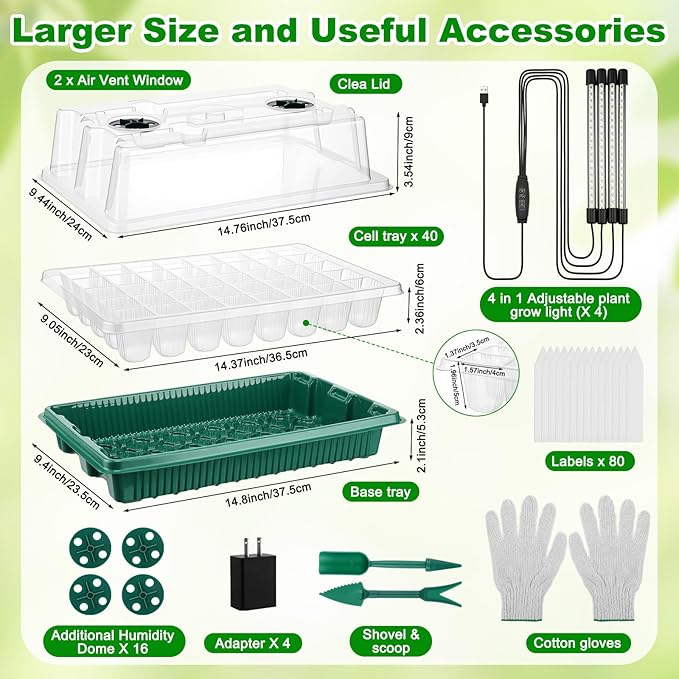 8 Pack Starter Tray with Light, 320 Cells Sprouting Kit Seedling Tray with Humidity Domes, Remote, Timer, Adjustable Light & Gloves, Starter for Indoor Greenhouse - Image 2