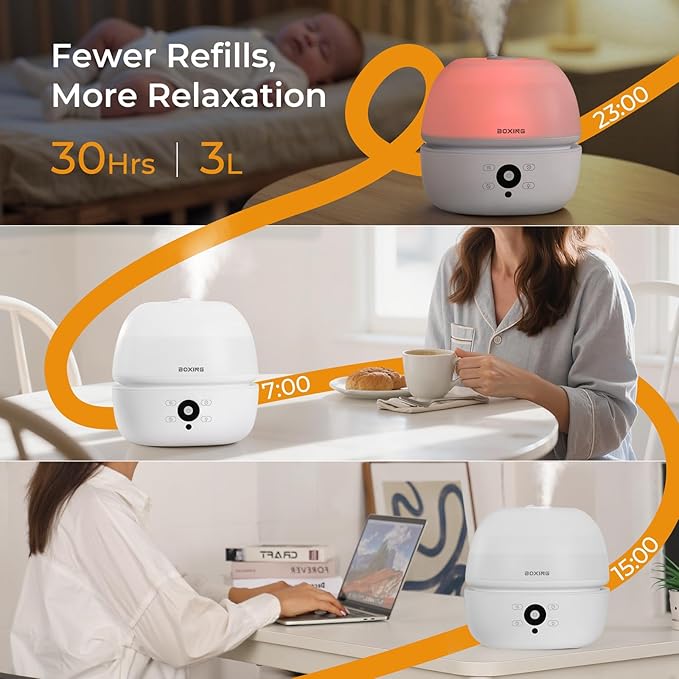 BOXING Top Fill Humidifiers for Bedroom Baby with Easy Remote, 20dB Quiet Cool Mist Air Humidifier for Large Room Home & Indoor Plants, 7 Color Night Light, Essential Oil Tray, Timer, Sleep Mode,3L - Image 3
