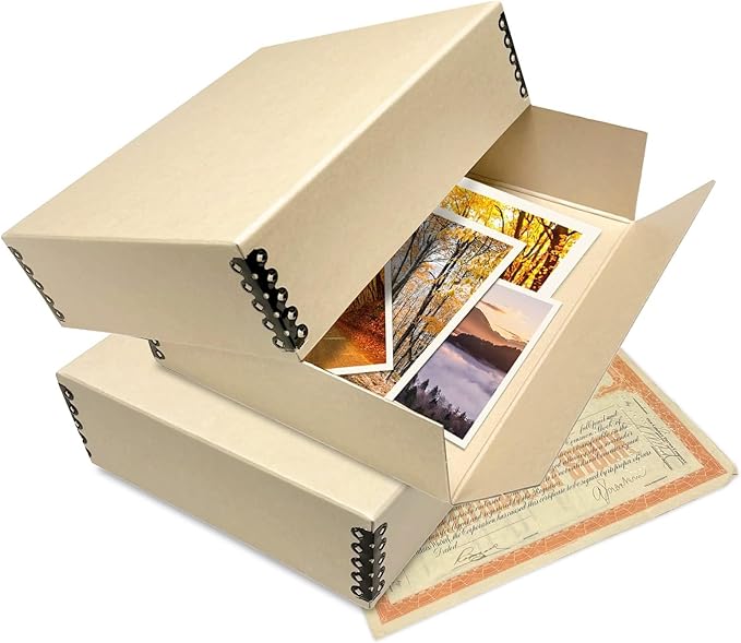 Lineco Museum Archival Storage Box, 8.75x10.75x3 in. Drop Front Design. Acid-Free with Metal Edge. Organize Photos, Pictures, Prints, Documents, Crafts, DIY. Tan, 2 Pack - Image 7