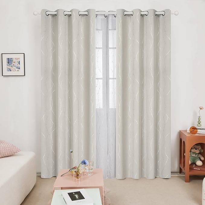Deconovo Room Darkening Curtain, Beige Curtain, Thermal Insulated Noise Reducing Drapes, Silver Wave Dots Print, 52 x 108 Inch Long, Grommet Window Panels for Living Room Sliding Glass Door, Set of 2 - Image 2