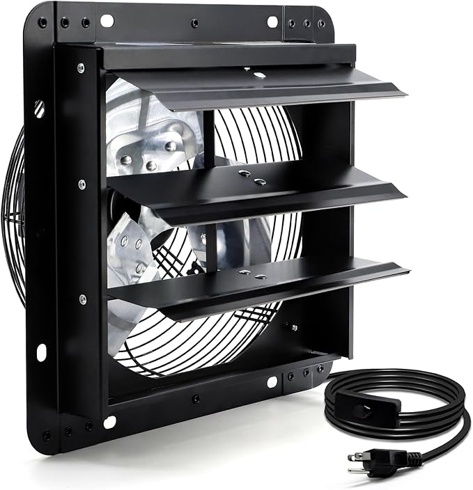 12 Inch Shutter Exhaust Fan, Wall Mount Attic Fan with Power Cord for Greenhouse, Shed, Garage, Barn, Chicken Coop Ventilation, 970 CFM, Black by Hipoilk
