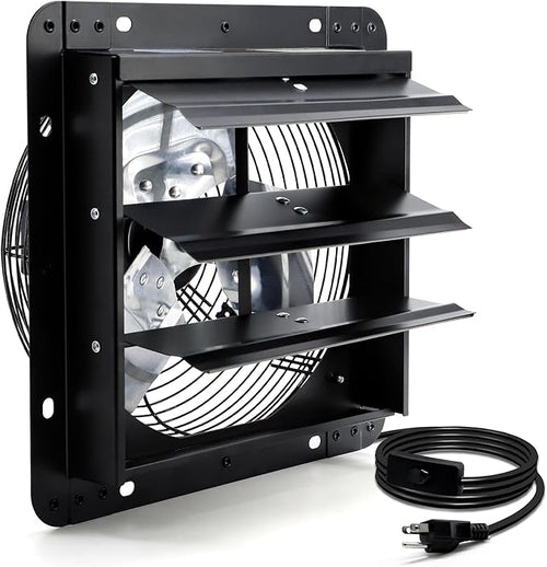 12 Inch Shutter Exhaust Fan, Wall Mount Attic Fan with Power Cord for Greenhouse, Shed, Garage, Barn, Chicken Coop Ventilation, 970 CFM, Black by Hipoilk