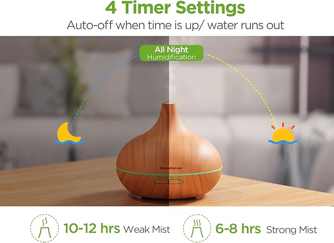 InnoGear Aromatherapy Diffuser & 10 Essential Oils Set, 400ml Diffuser Ultrasonic Diffuser Cool Mist Humidifier with 4 Timers 7 Colors Light Waterless Auto Off for Large Room Office, Yellow Wood Grain - Image 4