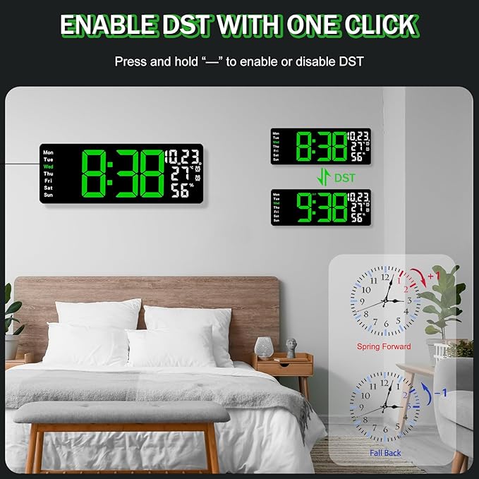 JoFomp 17.3" Large Digital Wall Clock, LED Digital Clock Large Display with Remote Control, Alarm Clock with Temp/DST/Dimmer/Humidity/Timer/Ambient Light - 12/24H, Alarm Wall Clock for Bedroom - Image 7